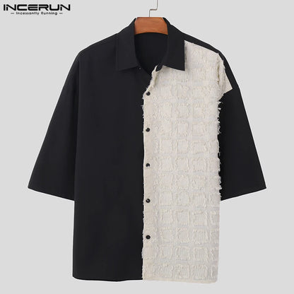 INCERUN Tops 2024 Handsome New Men's Tassel Jacquard Patchwork Shoulder Down Shirt Leisure Streetwear Short Sleeved Blouse S-5XL