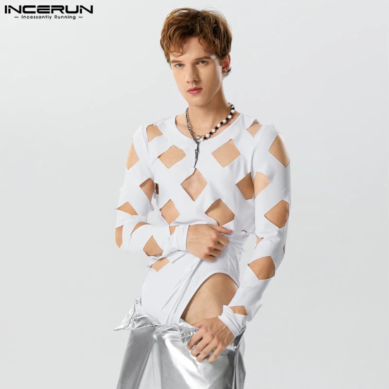 INCERUN 2023 Sexy Fashion Style Men's Bodysuits Hollow Diamond Design Rompers Casual Homewear O-Neck Long Sleeve Jumpsuits S-3XL