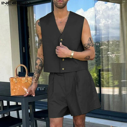 INCERUN Summer Men's Sets Fashion Solid Buttons V Neck Tops Blouses Shorts 2PCS Streetwear Party Suits Men Clothing Oversized