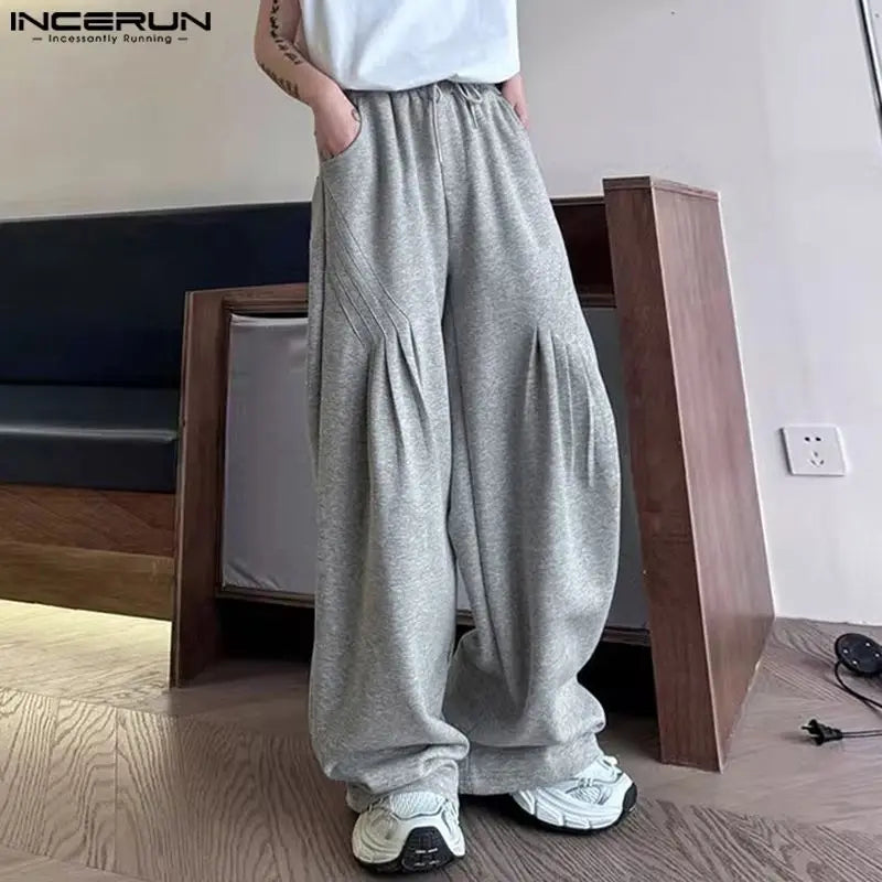 INCERUN 2024 Korean Style Casual Trousers Men's Pleated Craft Design Pant Stylish Rubber Waist Drawstring Sports Pantalons S-5XL