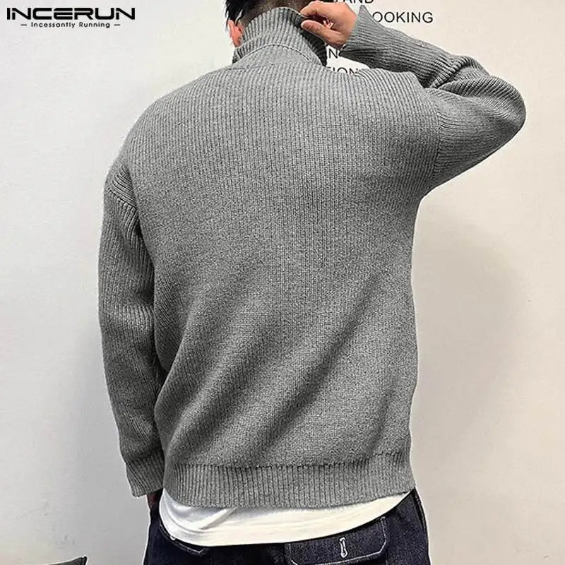 INCERUN Tops 2023 Korean Style Men's Knitted Zipper Design Pullovers Casual Solid All-match High Neck Long Sleeved Sweater S-5XL