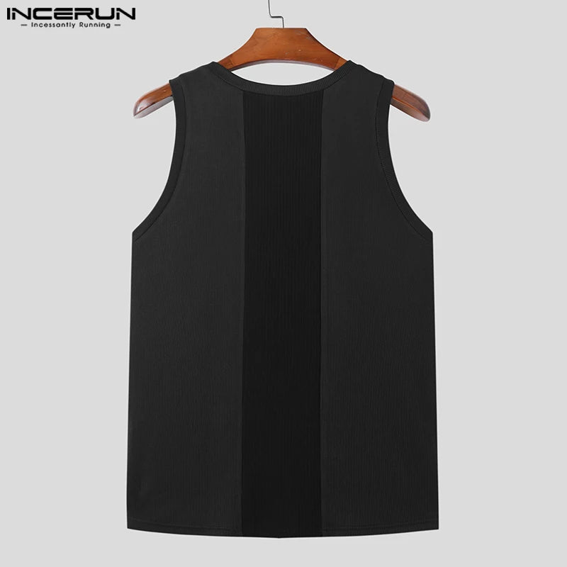 INCERUN Tops 2024 Korean Style Men's Pit Stripe Knitted Spliced Tank Tops Casual Streetwear Male Solid Color Simple Vests S-5XL