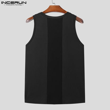 INCERUN Tops 2024 Koreanischen Stil Männer der Pit Streifen Gestrickte Gespleißt Tank Tops Casual Streetwear Männlichen Einfarbig Einfache Westen S-5XL