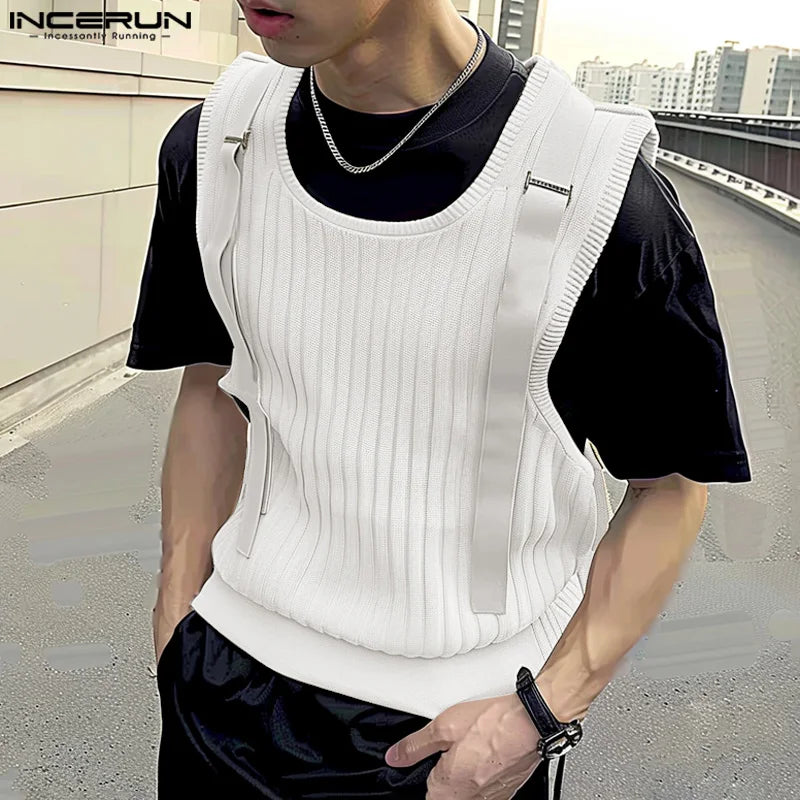 INCERUN Tops 2024 Korean Style Men's Shoulder Strap Design Stripe Vests Casual Streetwear Male O-neck Sleeveless Tank Tops S-5XL