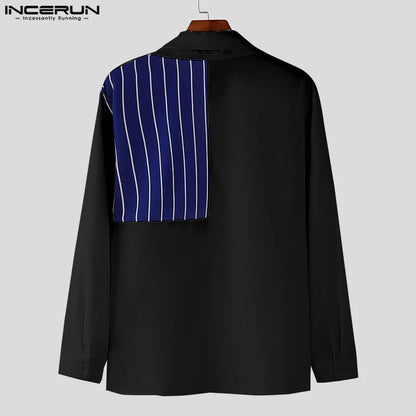 INCERUN Tops 2024 Korean Style Stylish Men's Contrast Striped Design Shirt Casual Clubwear Hot Selling Long Sleeved Blouse S-5XL