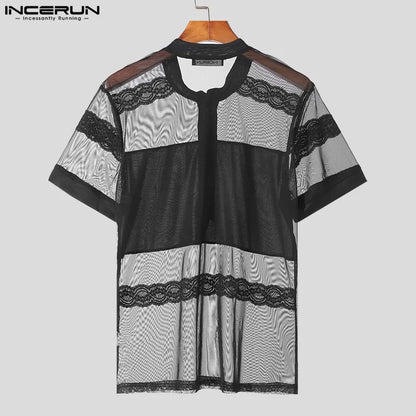 INCERUN Tops 2024 American Style Sexy Men See-through Lace Mesh Splicing T-shirt Male Clubwear Thin Short Sleeved Camiseta S-5XL