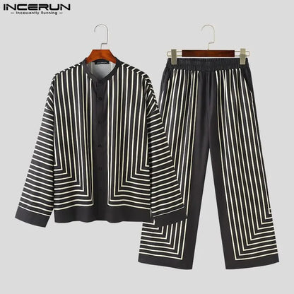 2024 Men Striped Sets V Neck Long Sleeve Shirt & Pants Two Pieces Sets Streetwear Loose Fashion Men's Casual Suits S-5XL INCERUN