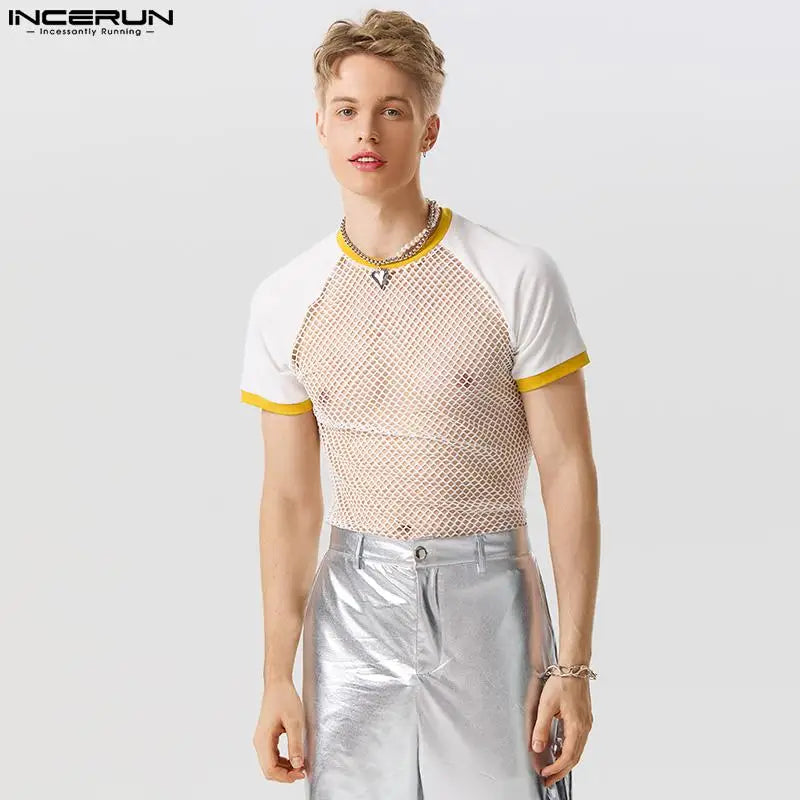 INCERUN Tops 2024 American Style New Men's See-through Mesh Patchwork Striped T-shirts Sexy Tight Raglan Sleeve Thin Tees S-5XL