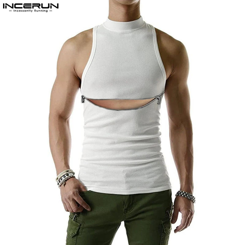 INCERUN Tops 2023 Style américain Nouveau design de fermeture éclair à double tête pour hommes Gilets solides Gilet décontracté tricoté à col mi-haut S-5XL