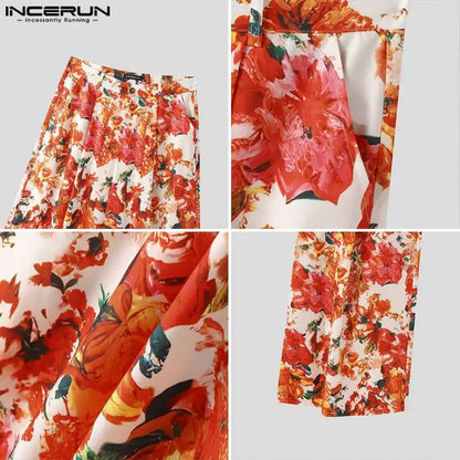 INCERUN 2024 American Style Mens Trousers Stylish High Waisted Floral Pattern Pants Casual Well Fitting Wide Leg Pantalons S-5XL