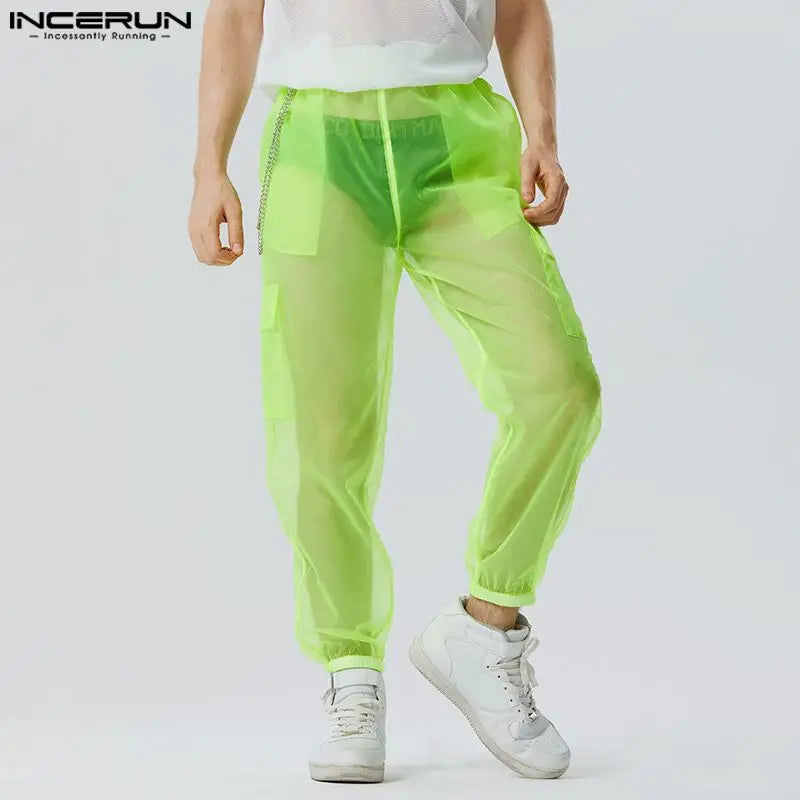 INCERUN 2023 American Style Trousers New Men's Party Shows Hot Sale Long Pants Sexy Solid See-through Mesh Thin Pantalons S-5XL