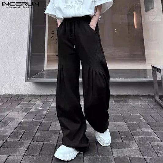 INCERUN 2024 Korean Style Casual Trousers Men's Pleated Craft Design Pant Stylish Rubber Waist Drawstring Sports Pantalons S-5XL