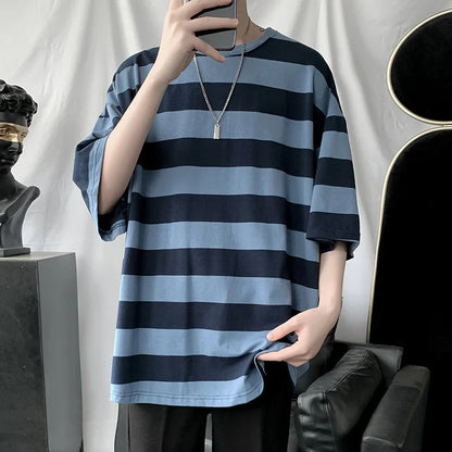 HOUZHOU Striped Short Sleeve Tee Men Graphic Ice Slik T-shirts Male Harajuku Green Tops Casual Pullover Korean Streetwear