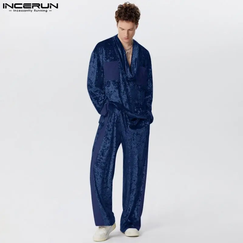 INCERUN 2024 American Style Stylish Sets Men's Suede Splicing Long Sleeved Swing Collar Tops Pants Clubwear Suit 2 Pieces S-5XL