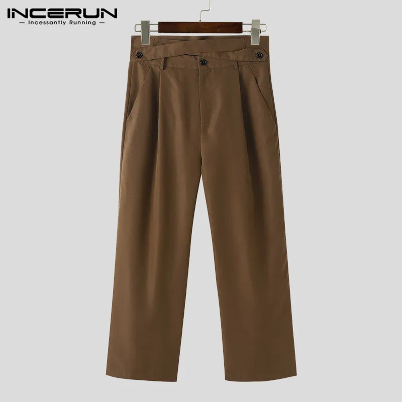 INCERUN 2024 Korean Style Mens Trousers Fashion High Waisted Crossover Design Long Pants Streetwear Straight Leg Pantalons S-5XL