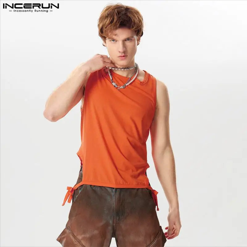 INCERUN Tops 2024 Handsome New Mens Solid Knitted Hollowed Strap Vests Stylish Casual Male Deconstruction Design Tank Tops S-5XL