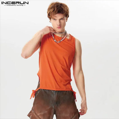 INCERUN Tops 2024 Hübsche neue Herren-Tanktops mit einfarbigem Strick und ausgehöhlten Trägern, stilvolle, lässige Tanktops für Männer mit Dekonstruktionsdesign, S-5XL