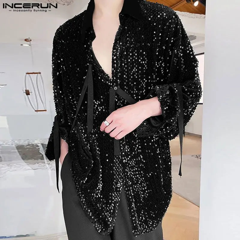 INCERUN Tops 2024 Korean Style New Mens Personality Shiny Reflective Design Shirts Casual Fashion Thin Long Sleeved Blouse S-5XL