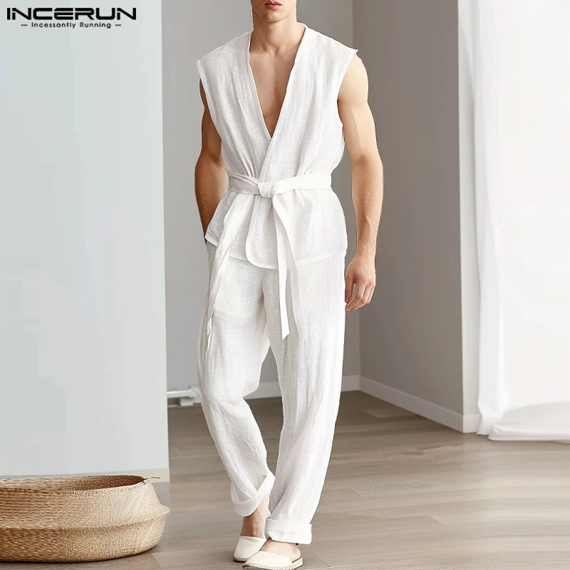 INCERUN 2024 Ensembles de style américain Casual Nouveaux hommes sans manches Cardigan Pantalon Solide Simple sans manches Streetwear Deux pièces Ensembles S-5XL