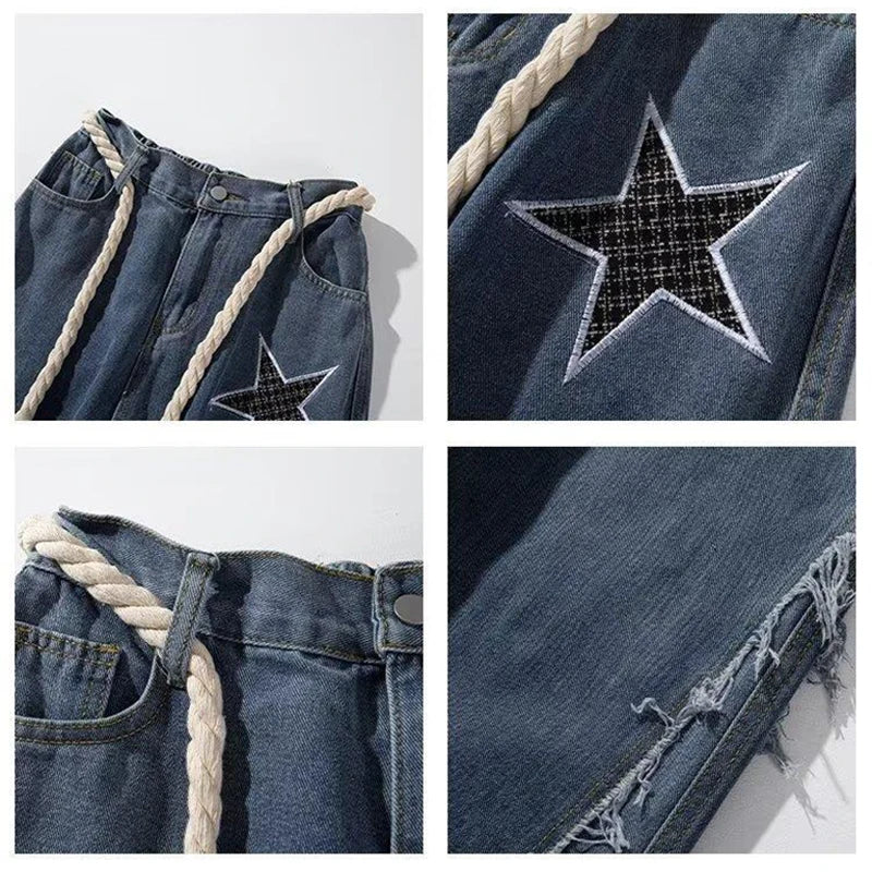 HOUZHOU Y2K Jeans Men Embroidery Denim Pants Star Print Wide Leg Trousers Male American Streetwear Hip Hop Casual Patchwear