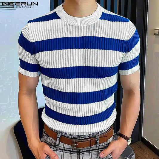 Handsome Well Fitting Tops INCERUN Men's Knitted Striped Design Sweaters Casual Streetwear O-neck Short Sleeved Pullovers S-5XL