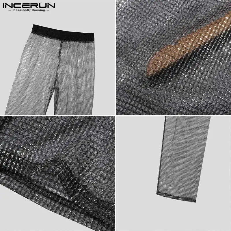 Casual Clubwear Style Men's Pantalons INCERUN 2024 Sexy Glitter Fabric Perspective Long Pants Fashion Breathable Trousers S-5XL