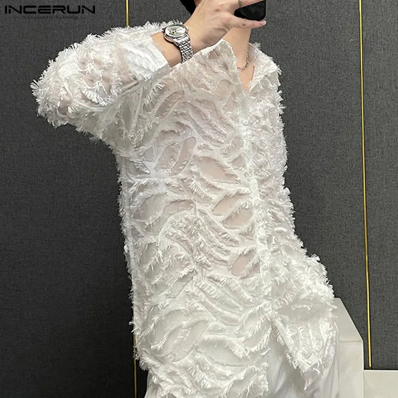 INCERUN Tops 2024 Korean Style Men's Hollow Plush Tassels Perspective Design Shirts Casual Streetwear Long Sleeved Blouse S-5XL