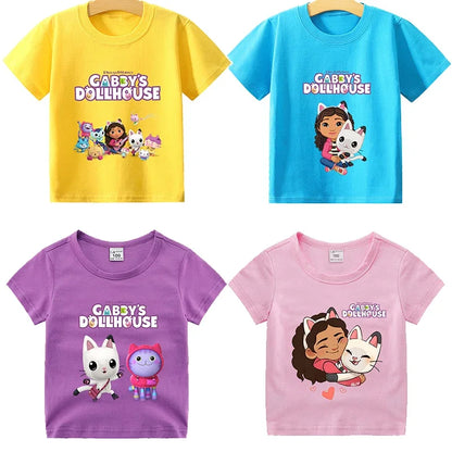 T-shirt pour enfants Gabby Dollhouse, T-shirt en coton, haut de dessin animé, vêtements d'anniversaire sur le thème de l'anime, col à manches courtes, cadeau pour filles, été