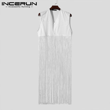 Fashion Casual Style Tops INCERUN 2024 Handsome Mens Solid Patchwork Long Tassel Vests Sexy Male Thin Sleeveless Tank Tops S-5XL