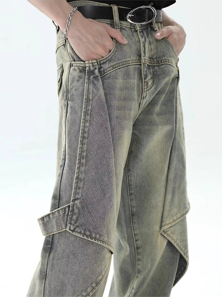 HOUZHOU Pantalon en jean à jambe large pour homme, streetwear, baggy, en denim vieilli, surdimensionné, décontracté, froncé, coréen, hip-hop