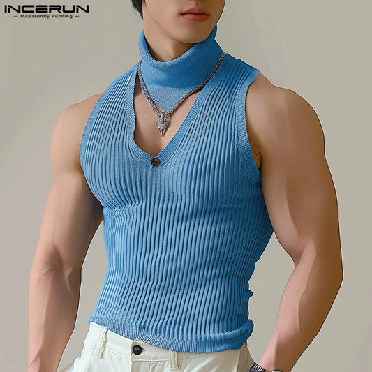 INCERUN Tops 2024 Korean Style Fashion New Mens High Neck Design Vests Casual Streetwear Male Striped Sleeveless Tank Tops S-5XL