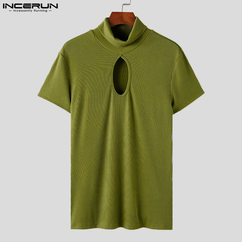 INCERUN Men T Shirt Turtleneck Short Sleeve Hollow Out Solid Color Skinny Men Clothing Streetwear Knitted Summer 2024 Tee Tops