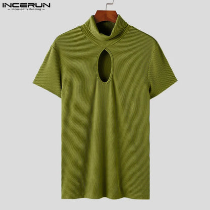 INCERUN Men T Shirt Turtleneck Short Sleeve Hollow Out Solid Color Skinny Men Clothing Streetwear Knitted Summer 2024 Tee Tops