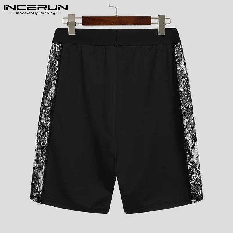 Summer Men's Sleep Shorts Lace Mesh Patchwork See Through Cozy Sexy Shorts Homewear 2024 Male Thin Sleep Bottoms INCERUN S-5XL