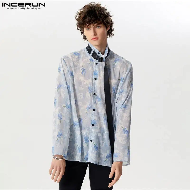 INCERUN Tops 2024 Style américain Hommes Imprimé Mousseline de Soie Légèrement Transparent Chemises Décontractées Streetwear Homme Chemisier À Manches Longues S-5XL