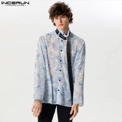 INCERUN Tops 2024 Amerikanischen Stil Herren Print Chiffon Leicht Transparent Shirts Casual Streetwear Männlichen Langarm Bluse S-5XL