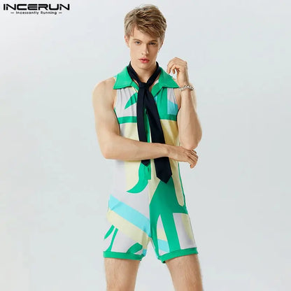 Fashion Casual Style Men's Jumpsuit Shorts INCERUN Streetwear Hot Selling Colorful Printed Lapel Sleeveless Rompers Shorts S-5XL