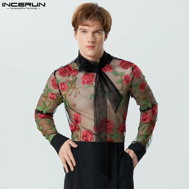 INCERUN Tops 2023 Style américain Sexy Hommes Maille Broderie Ruban Perspective T-shirts Clubwear Mince Manches Longues Camiseta S-5XL