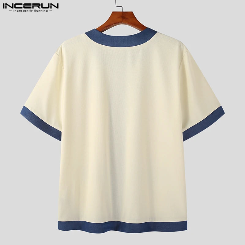 INCERUN Tops 2023 Korean Style Men's Contrasting Color Patchwork Pocket Shirts Casual O-neck Palace Short Sleeved Button Blouse