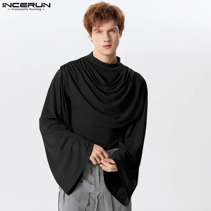 INCERUN Men T Shirt Turtleneck Long Sleeve Pleated Male Irregular Tee Tops Streetwear 2024 Solid Color Casual Fashion Camisetas