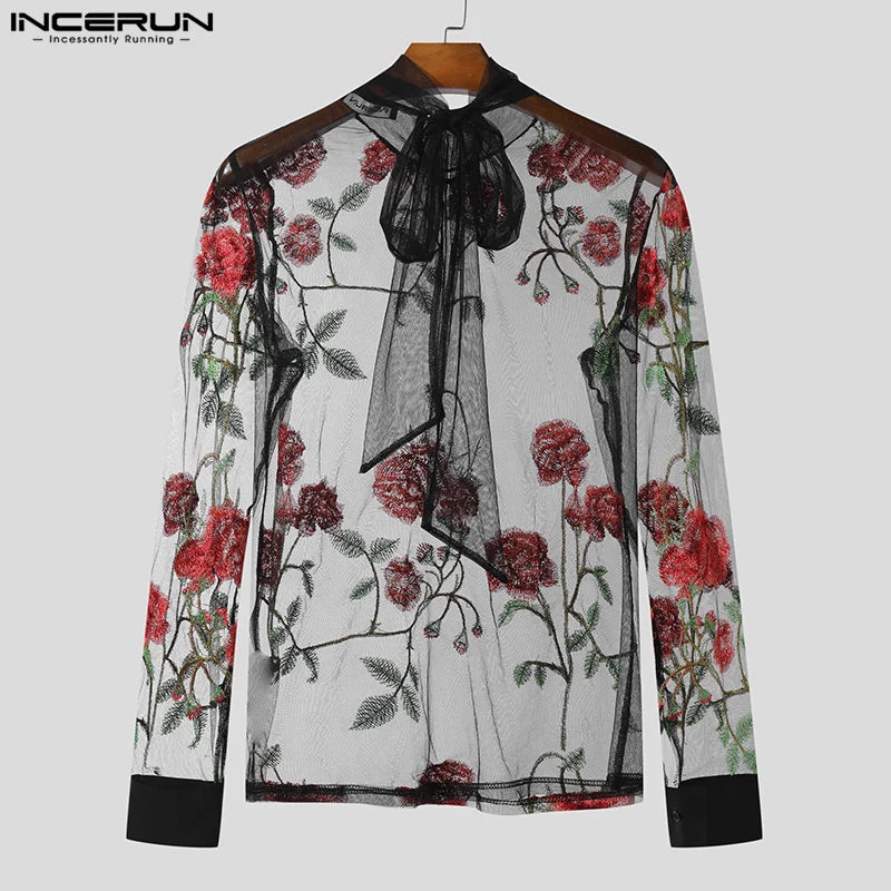 INCERUN Tops 2023 American Style Sexy Mens Mesh Embroidery Ribbon Perspective T-shirts Clubwear Thin Long Sleeved Camiseta S-5XL