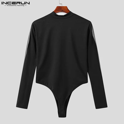 Sexy Stylish Bodysuits INCERUN Mens Homewear O-Neck Mesh Splice Bodysuits Casual Solid Long Sleeve Thin Triangle Jumpsuits S-5XL