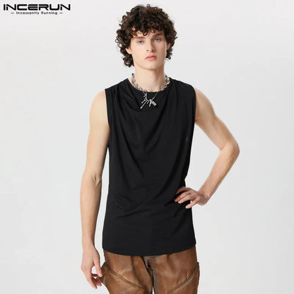 INCERUN Tops 2024 American Style New Men's Pleated Design Solid Simple Vests Casual Streetwear Male Comfortable Tank Tops S-5XL