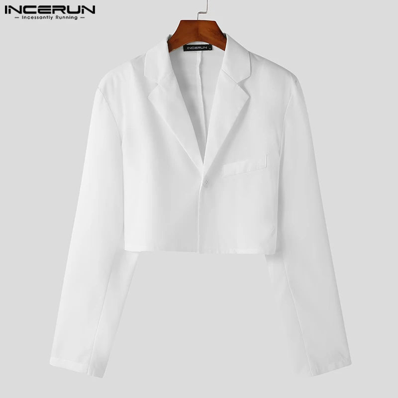 2023 Men Blazer Solid Color Lapel Long Sleeve Autumn Casual Suits One Button Streetwear Fashion Male Crop Coats S-5XL INCERUN