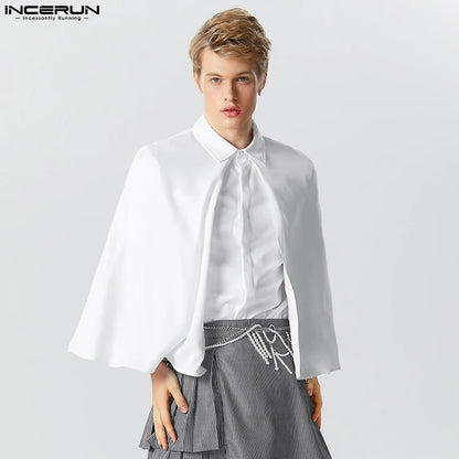 INCERUN Tops 2023 Style américain Nouveau Hommes Mode Solide Cape Faux Deux Conception Chemisier Décontracté Solide À Manches Courtes Chemises S-5XL