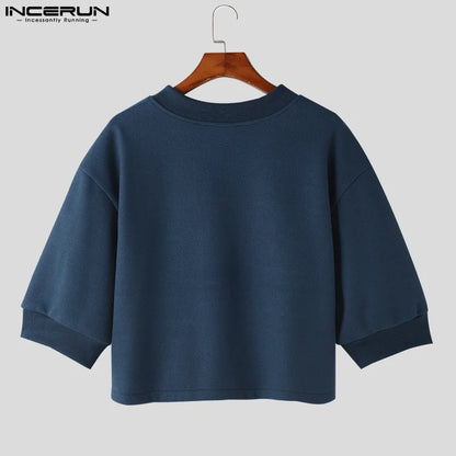 INCERUN Tops 2024 Korean Style Men Loose Shoulder Sleeve Jacket Coats Fashion Solid Cropped Long Sleeved Cardigan Jackets S-5XL