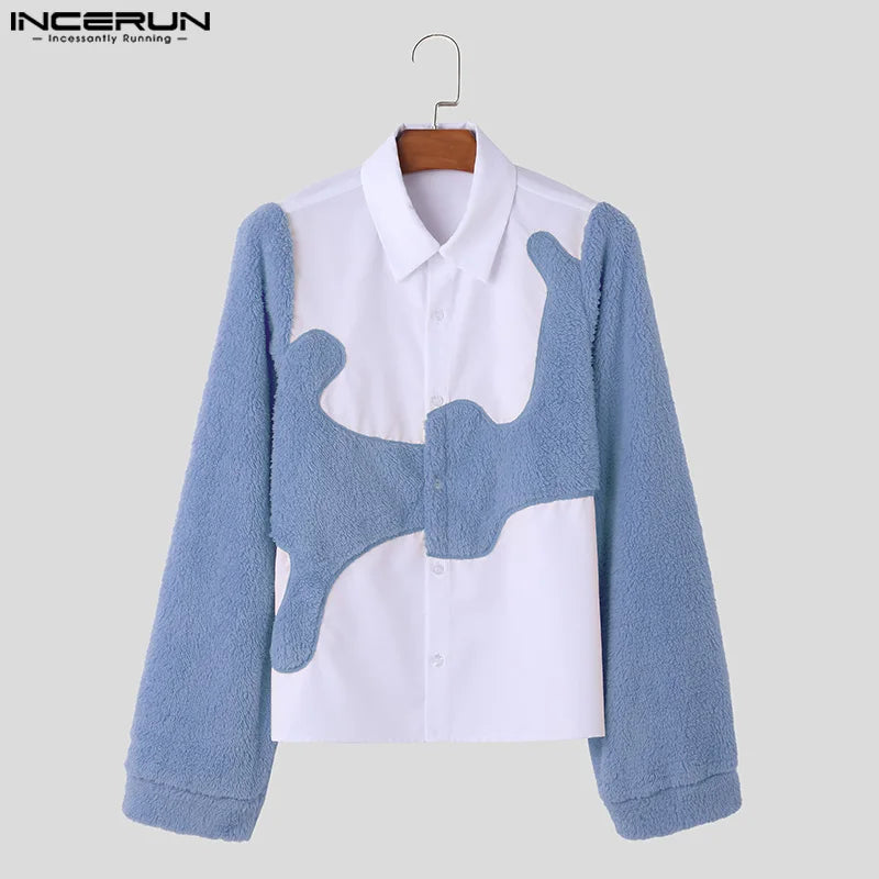 Fashion Well Fitting Tops INCERUN Handsome Mens Personality Suede Patchwork Irregular Shirts Male Long Sleeved Blouse S-5XL 2024