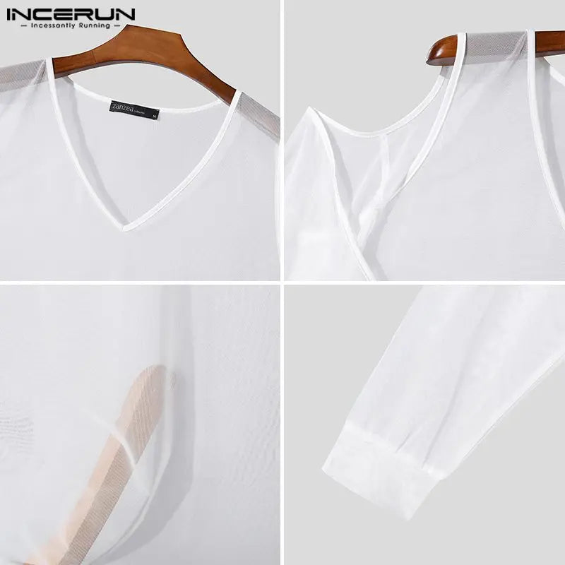 INCERUN Tops 2024 Korean Style New Men's Personality Hollow V-neck T-shirts Sexy Stylish Perspective Long Sleeved Camiseta S-5XL