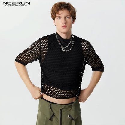 Fashion Casual Style Tops INCERUN Men's Hollow Mesh Patchwork T-shirts Sexy Cropped Half High Neck Short Sleeved Camiseta S-3XL