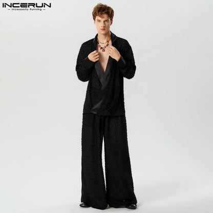 INCERUN 2023 Ensembles Sexy Mode Homme Dentelle Perspective Manches Amples Cardigan Pantalon Large Décontracté Vente Chaude Deux Pièces Ensembles S-5XL